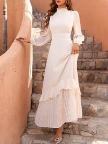 SHEIN 圓點褶邊荷葉邊洋裝 - 米色 - 查看 5