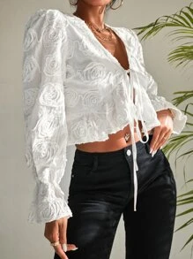 Camisa corta de manga con volante con nudo delantero fruncido bajo asimétrico - Blanco - Ver 3