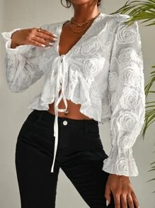 Camisa corta de manga con volante con nudo delantero fruncido bajo asimétrico - Blanco - Ver 5