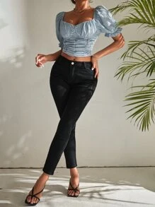 泡泡袖後背打褶褶邊短款緊身上衣襯衫 - 淺藍色 - 查看 4