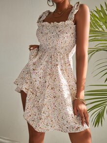 GENKIRA 碎花肩上打結打褶吊帶連衣裙 - 白色 - 查看 3