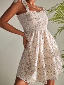 GENKIRA 碎花肩上打結打褶吊帶連衣裙 - 白色 - 查看 6