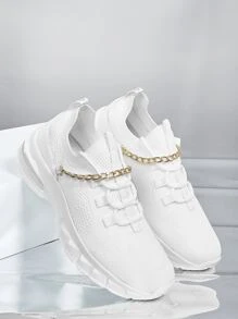 CUCCOO BASICS Chain Decor Lace Up Decor Knit Sneakers - White - View 3