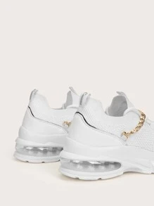 CUCCOO BASICS Chain Decor Lace Up Decor Knit Sneakers - White - View 5