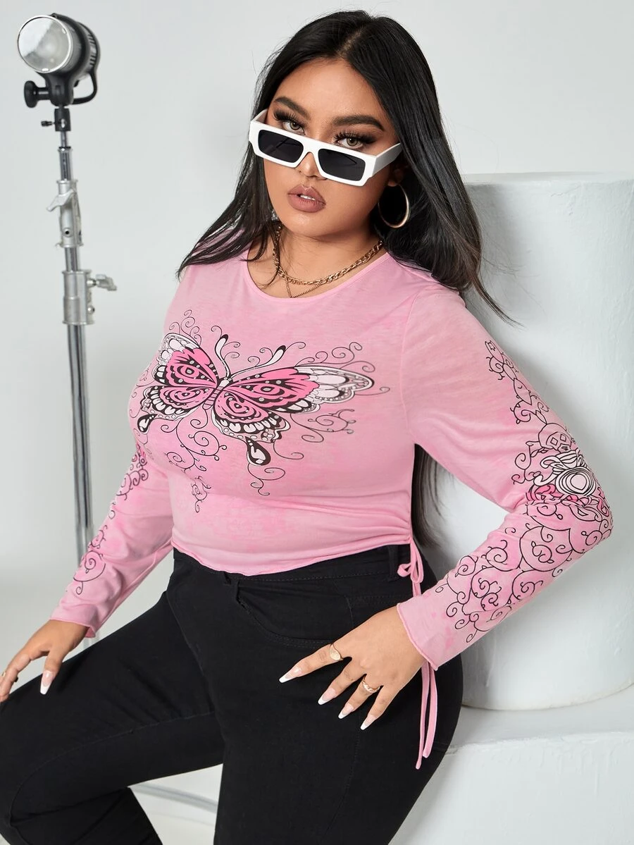 Áo thun Plus size Dây kéo Loại bướm Giải trí - Màu Hồng baby - Xem 1