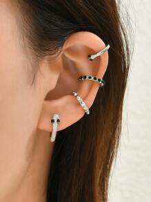 3 kẹp tai chi tiết rhinestone và 1 bông tai hình rắn - Bạc - Xem 1