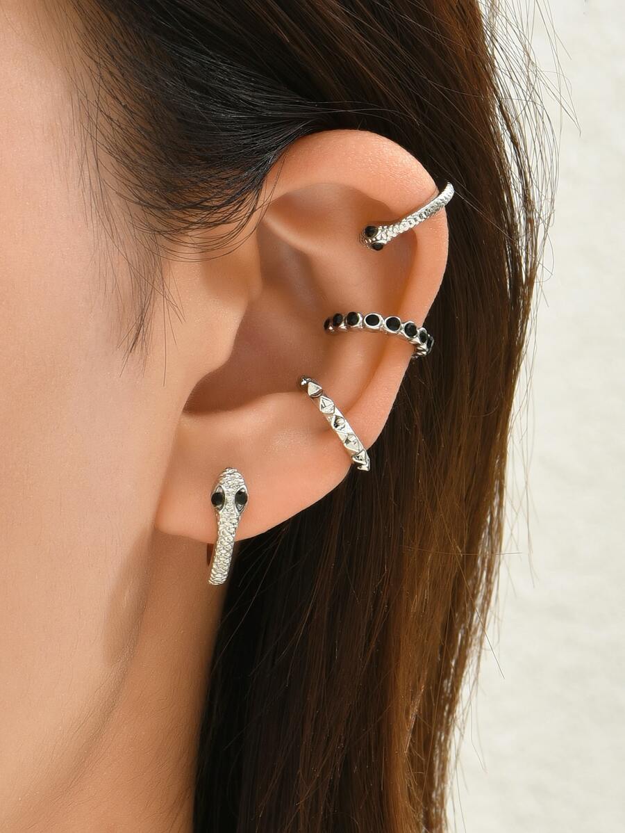 3 kẹp tai chi tiết rhinestone và 1 bông tai hình rắn - Bạc - Xem 1