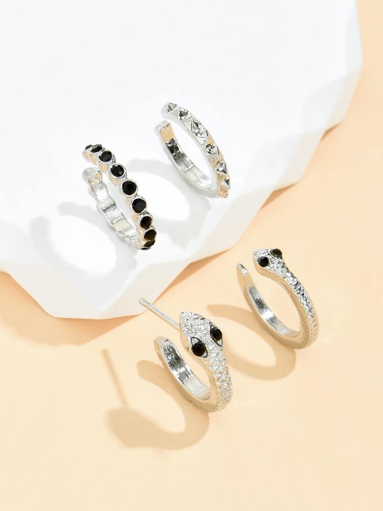 3 piezas con diseño de diamante de imitación Cuff de oreja & 1 pieza serpiente Arete - Plateado - Añade 2