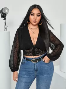 Celure Plus Swiss Dot Lantern Sleeve Plunge Neck Lace Insert Crop Blouse - Black - View 1