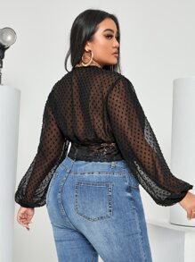 Celure Plus Swiss Dot Lantern Sleeve Plunge Neck Lace Insert Crop Blouse - Black - View 2