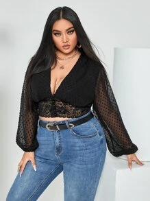 Celure Plus Swiss Dot Lantern Sleeve Plunge Neck Lace Insert Crop Blouse - Black - View 4