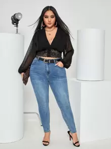 Celure Plus Swiss Dot Lantern Sleeve Plunge Neck Lace Insert Crop Blouse - Black - View 5