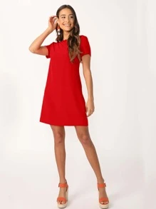 SHEIN Essnce Einfarbiges Tunika-Kleid mit Rundhalsausschnitt, Teezeit-Kleid, Sommerkleider für Frauen - Rot - Übersicht 1