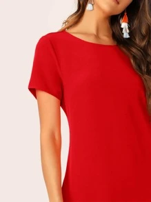 SHEIN Essnce Einfarbiges Tunika-Kleid mit Rundhalsausschnitt, Teezeit-Kleid, Sommerkleider für Frauen - Rot - Übersicht 4