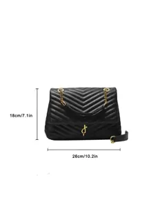 輕便商務休閒簡約金屬裝飾 V 字形翻蓋方形包適合青少年女孩女大學生、菜鳥和白領，非常適合辦公室、大學、工作、商務、通勤、戶外、旅行、郊遊 - 黑色 - 查看 3