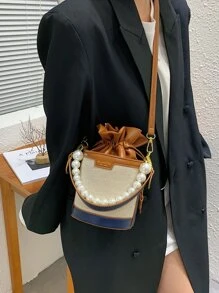 珍珠裝飾抽繩設計水桶包 - 彩色 - 查看 4