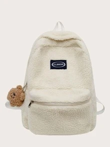 Kids Letter Detail Fluffy Backpack With Cartoon Charm - White - View 1