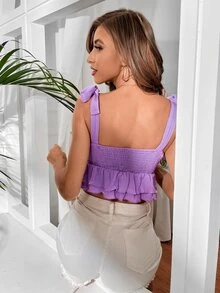 Knot Shoulder Frill Shirred Ruffle Hem Crop Tank Top - Lilac Purple - View 2