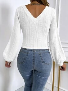 Chiquease Solid Lantern Sleeve V Neck Rib-Knit Tee Fall Cloth For Women - White - View 2