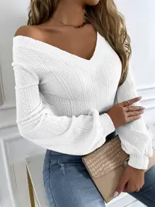 Chiquease Solid Lantern Sleeve V Neck Rib-Knit Tee Fall Cloth For Women - White - View 4