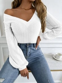 Chiquease Solid Lantern Sleeve V Neck Rib-Knit Tee Fall Cloth For Women - White - View 5