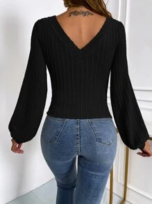 Arave Solid Lantern Sleeve V Neck Rib-Knit Tee Fall Cloth For Women - Black - View 2