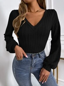 Arave Solid Lantern Sleeve V Neck Rib-Knit Tee Fall Cloth For Women - Black - View 4