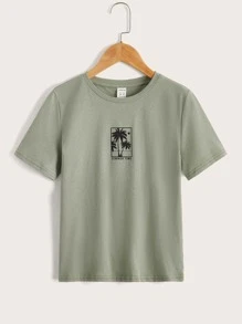 SHEIN Boys Drop Shoulder Letter & Coconut Tree Pattern Tee - Mint Green - View 1