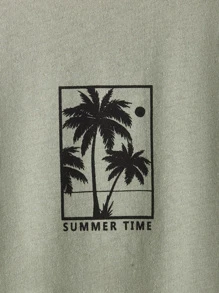 SHEIN Boys Drop Shoulder Letter & Coconut Tree Pattern Tee - Mint Green - View 3