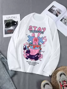 Manfinity Hombres Camiseta con estampado de slogan y dibujos animados - Blanco - Ver 1