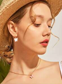 3 cái vòng cổ bướm quyến rũ với bông tai - Hồng - Xem 2