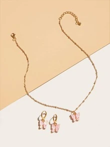 3 cái vòng cổ bướm quyến rũ với bông tai - Hồng - Xem 3