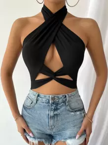 Rafferiza Twist Front Cut Out Crop Halter Top - Black - View 1