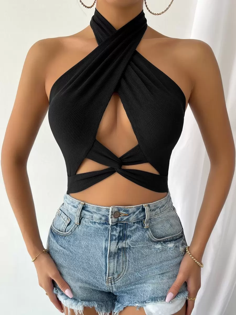 Rafferiza Twist Front Cut Out Crop Halter Top - Black - View 1