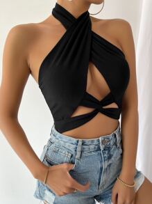 Rafferiza Twist Front Cut Out Crop Halter Top - Black - View 3