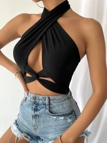 Rafferiza Twist Front Cut Out Crop Halter Top - Black - View 6
