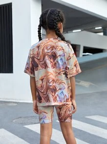 SHEIN Girls Marble Knit Tee & Biker Shorts - Multicolor - View 2