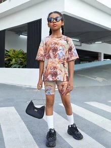 SHEIN Girls Marble Knit Tee & Biker Shorts - Multicolor - View 3