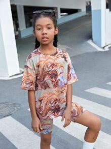 SHEIN Girls Marble Knit Tee & Biker Shorts - Multicolor - View 4