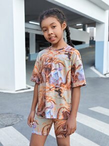 SHEIN Girls Marble Knit Tee & Biker Shorts - Multicolor - View 6