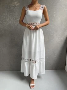 SHEIN Holidaya Đầm Maxi Ren Guipure Đính Viền Xếp Nếp Cho Kỳ Nghỉ Bãi Biển Nữ - trắng - Xem 3