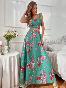 SHEIN VCAY Floral Print Ruffle Armhole Shirred Crop Top & Skirt Set - Green - View 1