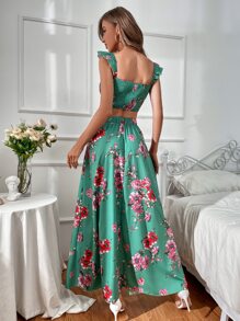 SHEIN VCAY Floral Print Ruffle Armhole Shirred Crop Top & Skirt Set - Green - View 2