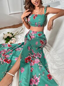 SHEIN VCAY Floral Print Ruffle Armhole Shirred Crop Top & Skirt Set - Green - View 3