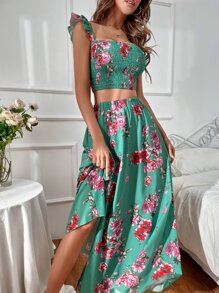 SHEIN VCAY Floral Print Ruffle Armhole Shirred Crop Top & Skirt Set - Green - View 4