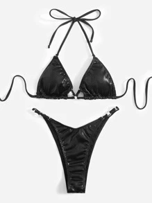 Metallic Halter Bikini For Summer Beach - Black - View 1