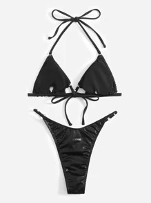 Metallic Halter Bikini For Summer Beach - Black - View 2