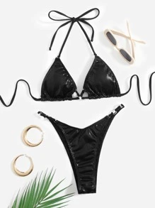 Metallic Halter Bikini For Summer Beach - Black - View 4