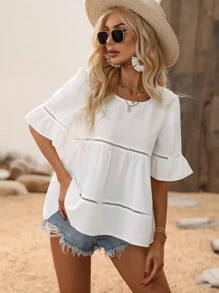 Breezaya Guipure Lace Insert Flounce Sleeve Ruffle Hem Blouse Peplum Top - White - View 1