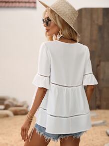 Breezaya Guipure Lace Insert Flounce Sleeve Ruffle Hem Blouse Peplum Top - White - View 2